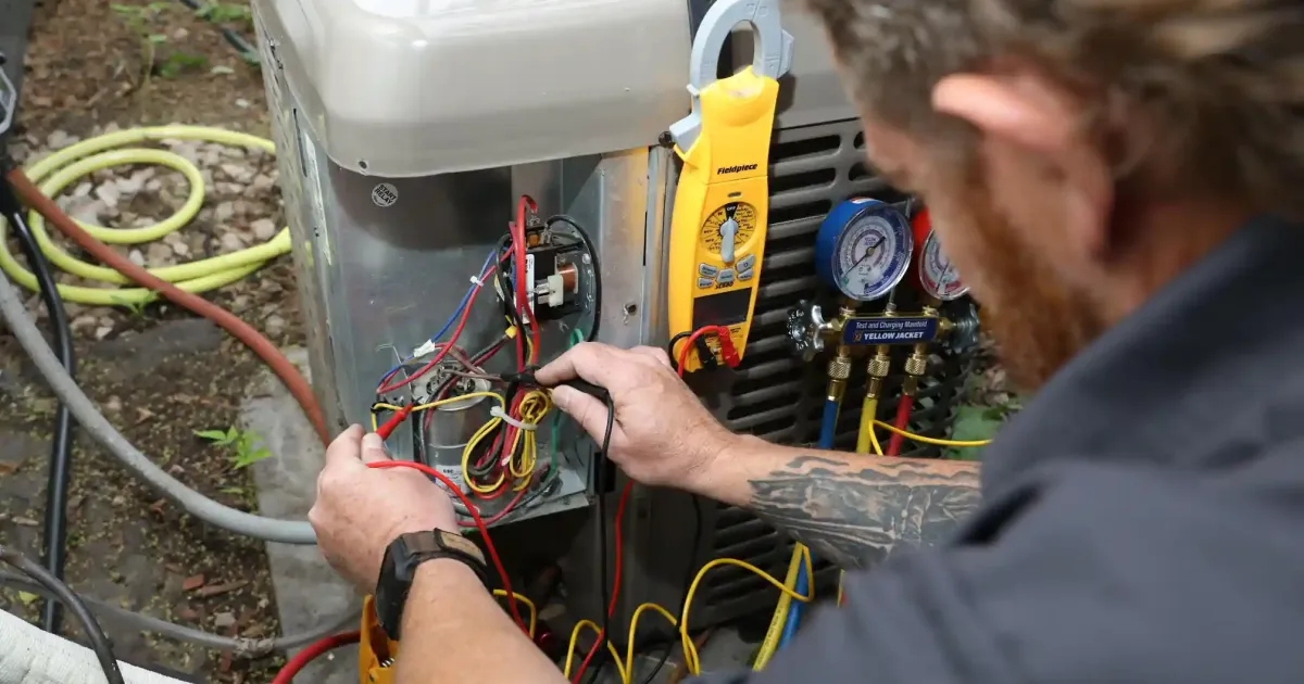 HVAC technician uses a Fieldpiece clamp meter and probes to test and repair components of a heat pump unit.