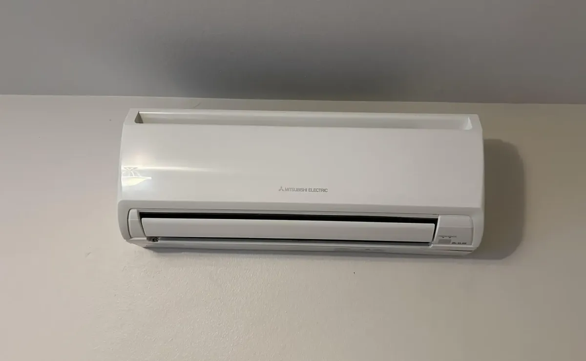 A close-up view of a Mitsubishi Electric MSZ-series wall-mounted ductless mini-split indoor head in operation.