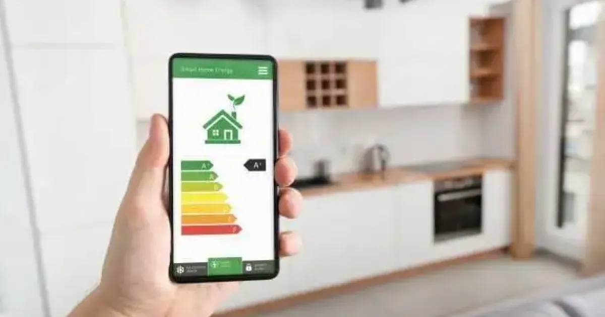 Smartphone displaying Smart Home Energy efficiency app categorized from A to G, within a modern residential house in Fort Collins.