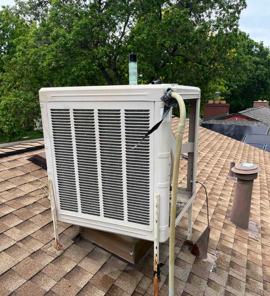 Rooftop evaporative cooler on a Fort Collins home served by Balance Point Heating, Cooling & Plumbing