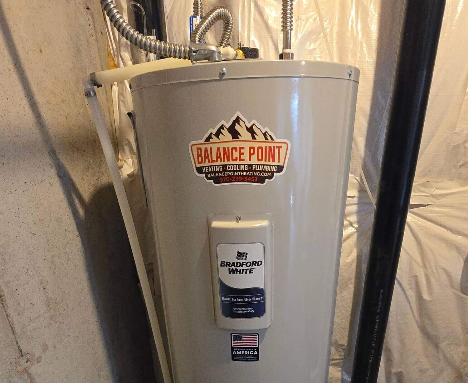 Bradford White tank water heater installed in a Fort Collins home by Balance Point Heating, Cooling & Plumbing