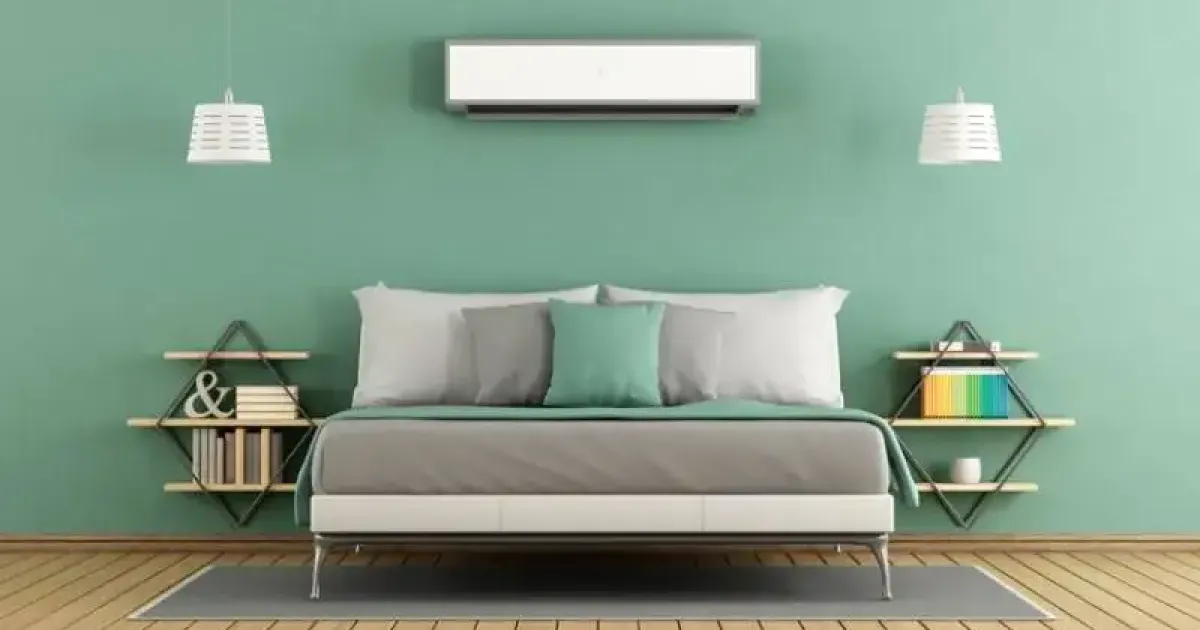 Green modern master bedroom with air conditioner.