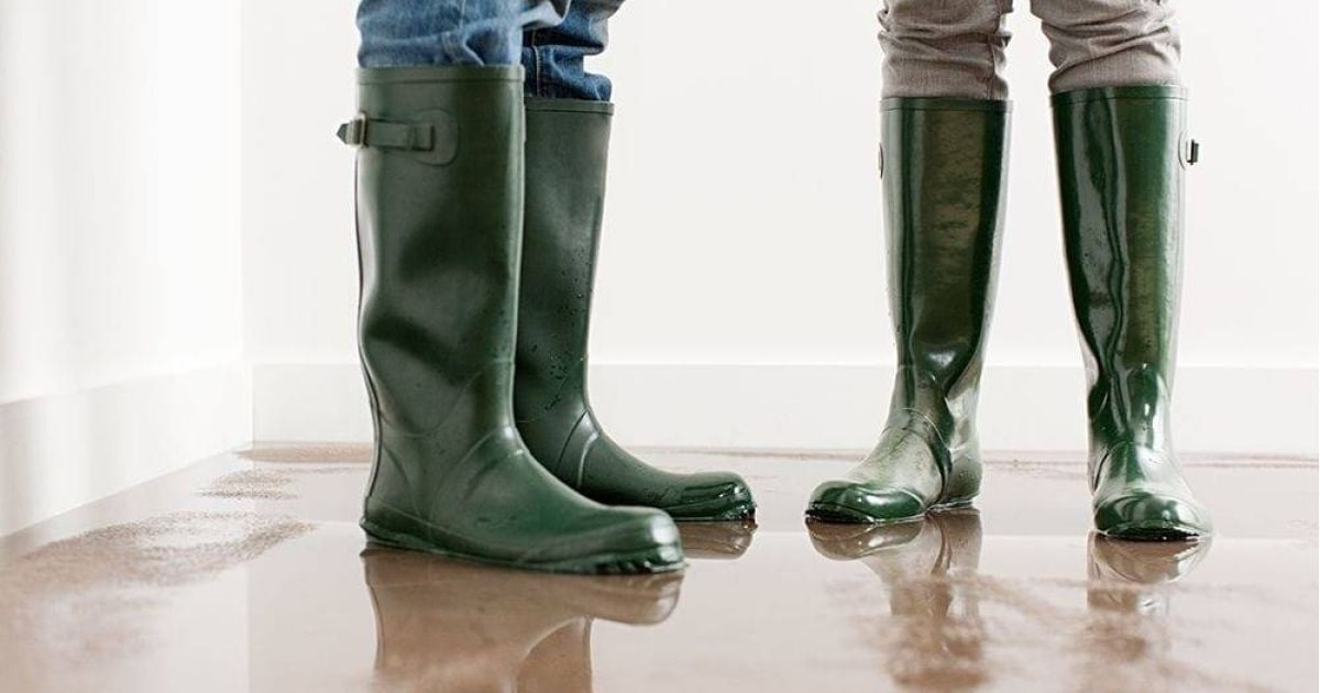 Technicians wearing green rubber boots on a wet floor.